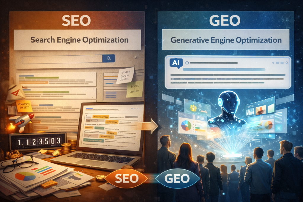 השוואה ויזואלית בין SEO מסורתי המציג רשימת תוצאות חיפוש לבין GEO שבו בינה מלאכותית מייצרת סקירת תשובה חכמה בראש העמוד.